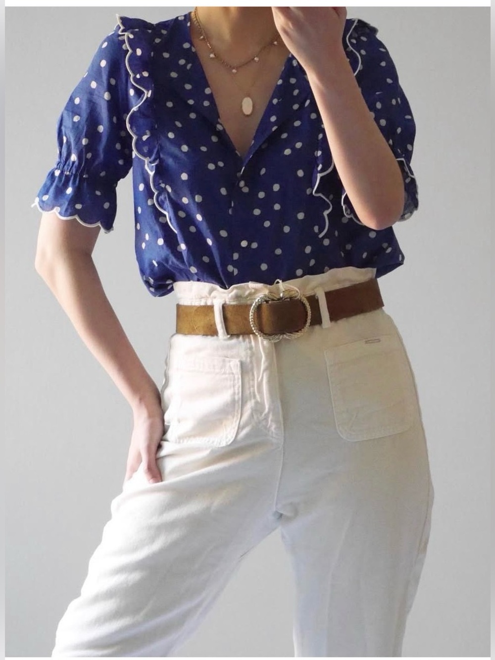 Sezane Navy Blue Polka Dot Ruffle Sleeve Blouse